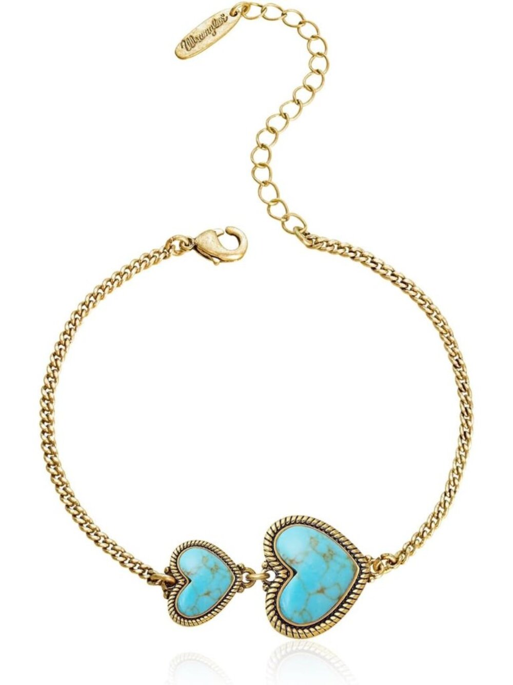 Charming 14K Gold Link Bracelet with Heart Charms & Turquoise Accents for Women